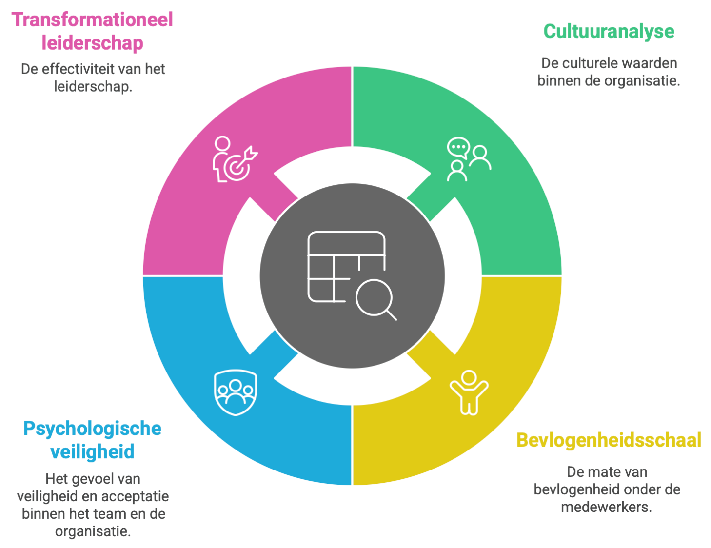 Organisatiescan: transformationeel leiderschap, cultuuranalyse, psychologische veiligheid en werkbevlogenheid